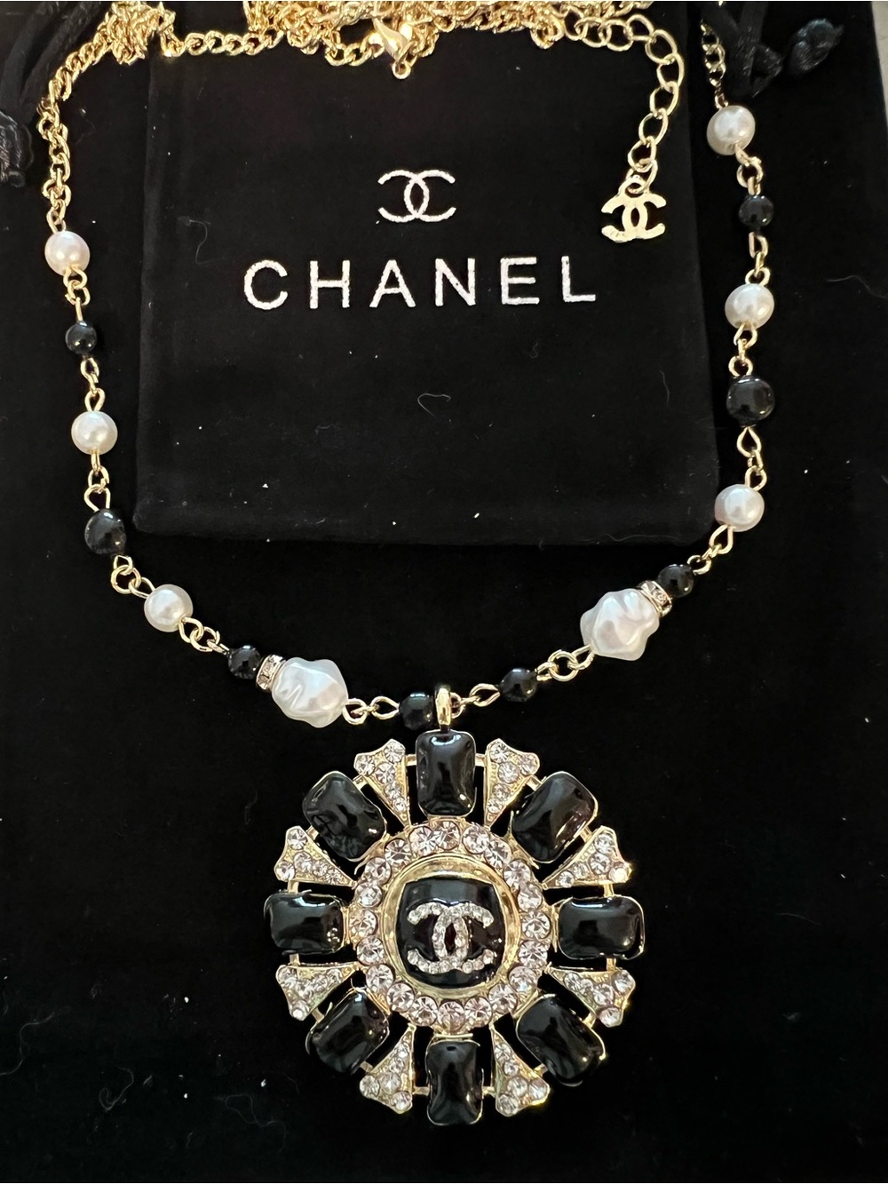 CHANEL Black, Gold & White Crystal CC Medallion Necklace